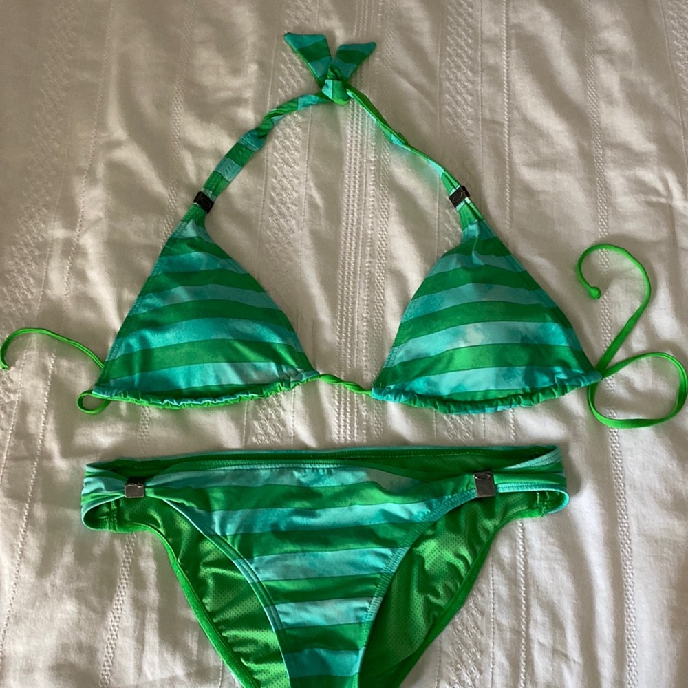 Oakley swim bikini. Green and turquoise stripe.  Top can be reversed